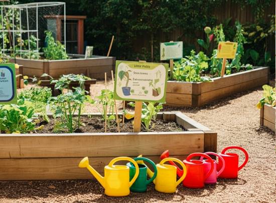 Kinder entdecken Wildkr&auml;uter in einem Gartenprojekt